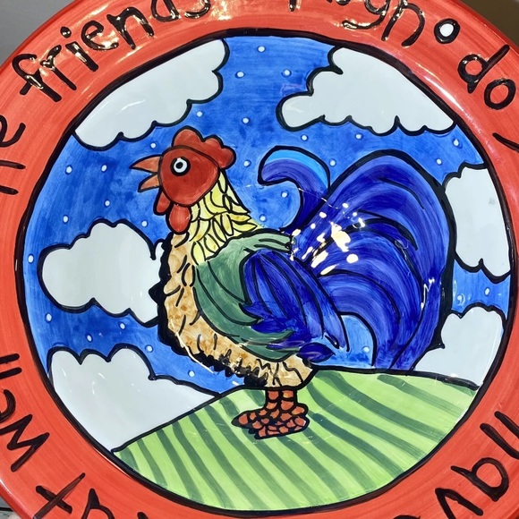 Nicole Engblom Hand Painted Large Serving Bowl Rooster Chick Egg Red Art Ceramic - Picture 14 of 14